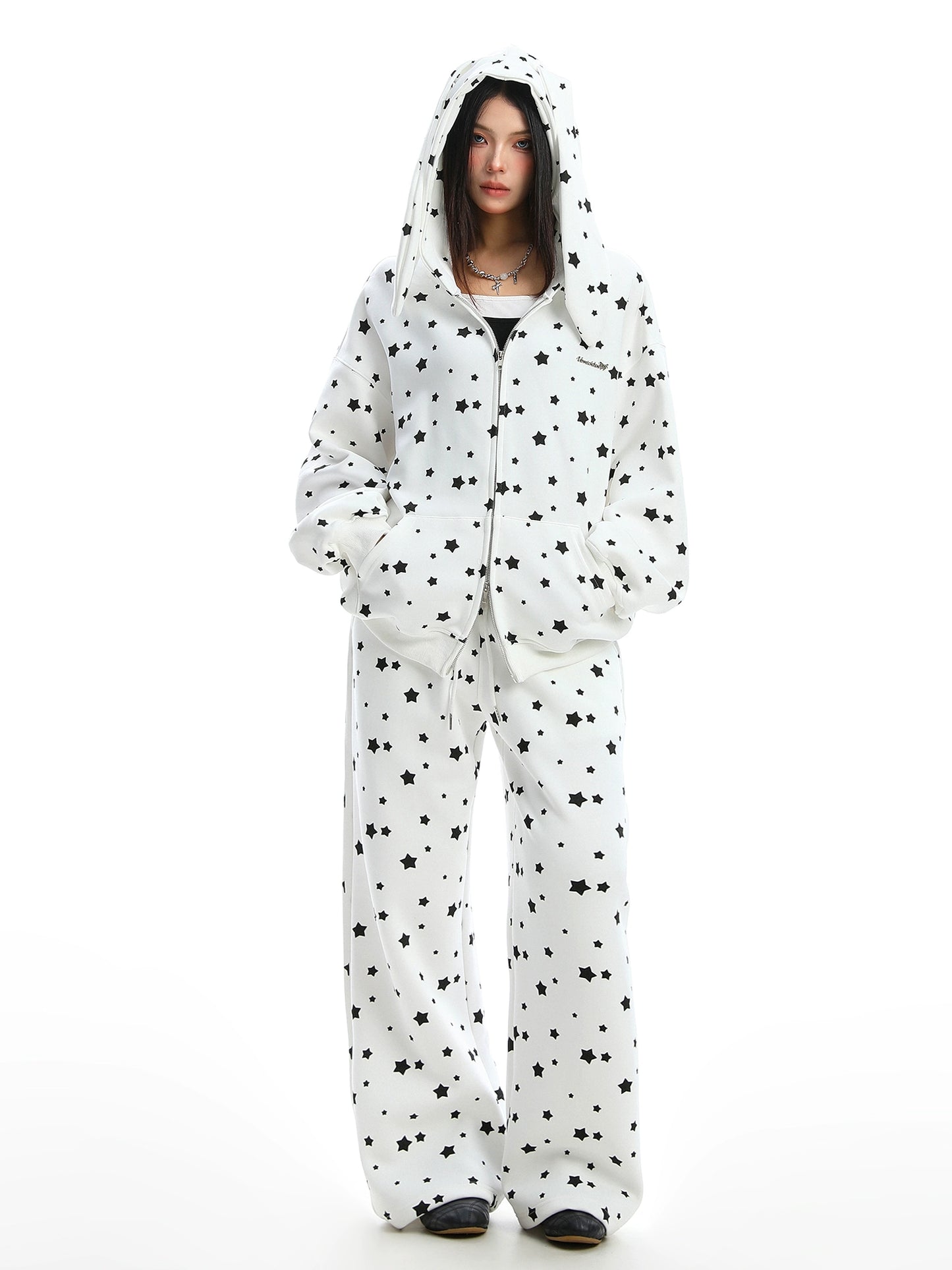 Full Print Star Rabbit Ears Hooded Sweatshirt Set