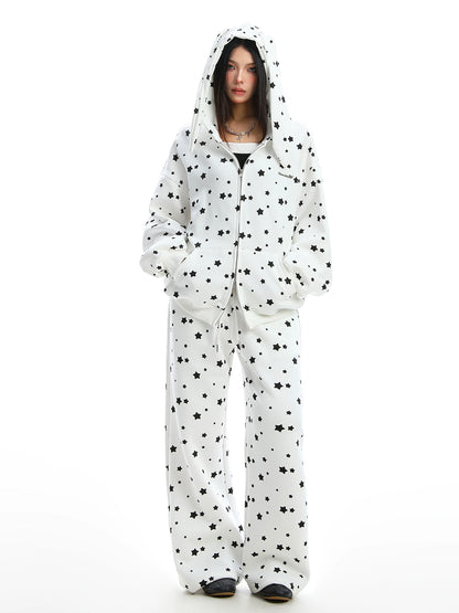 Full Print Star Rabbit Ears Hooded Sweatshirt Set