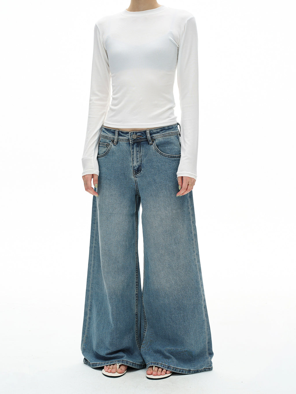 Vintage Washed Wide-Leg Flared Jeans