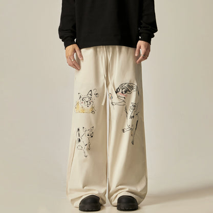 Retro Cat & Dog Sketch Wide-Leg Loose Pants