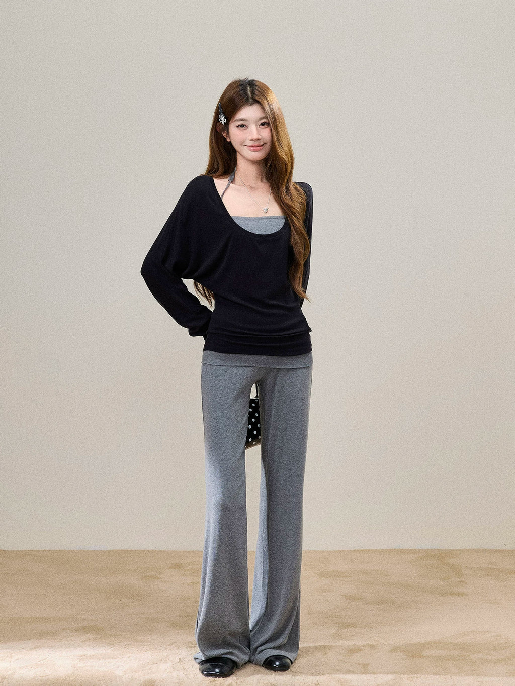 Fold-Over Waist Micro-Flare Knit Pants