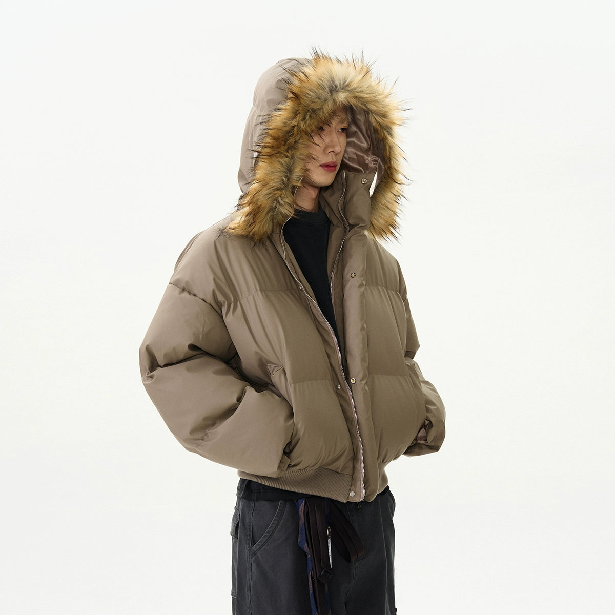 Soft PU Veneer Puffer Jacket Detachable Hood