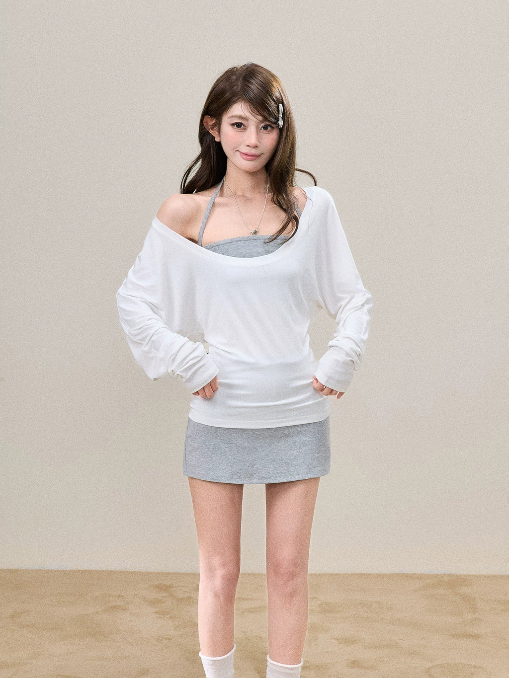 Off-Shoulder Cami-Layered Knit Top Set