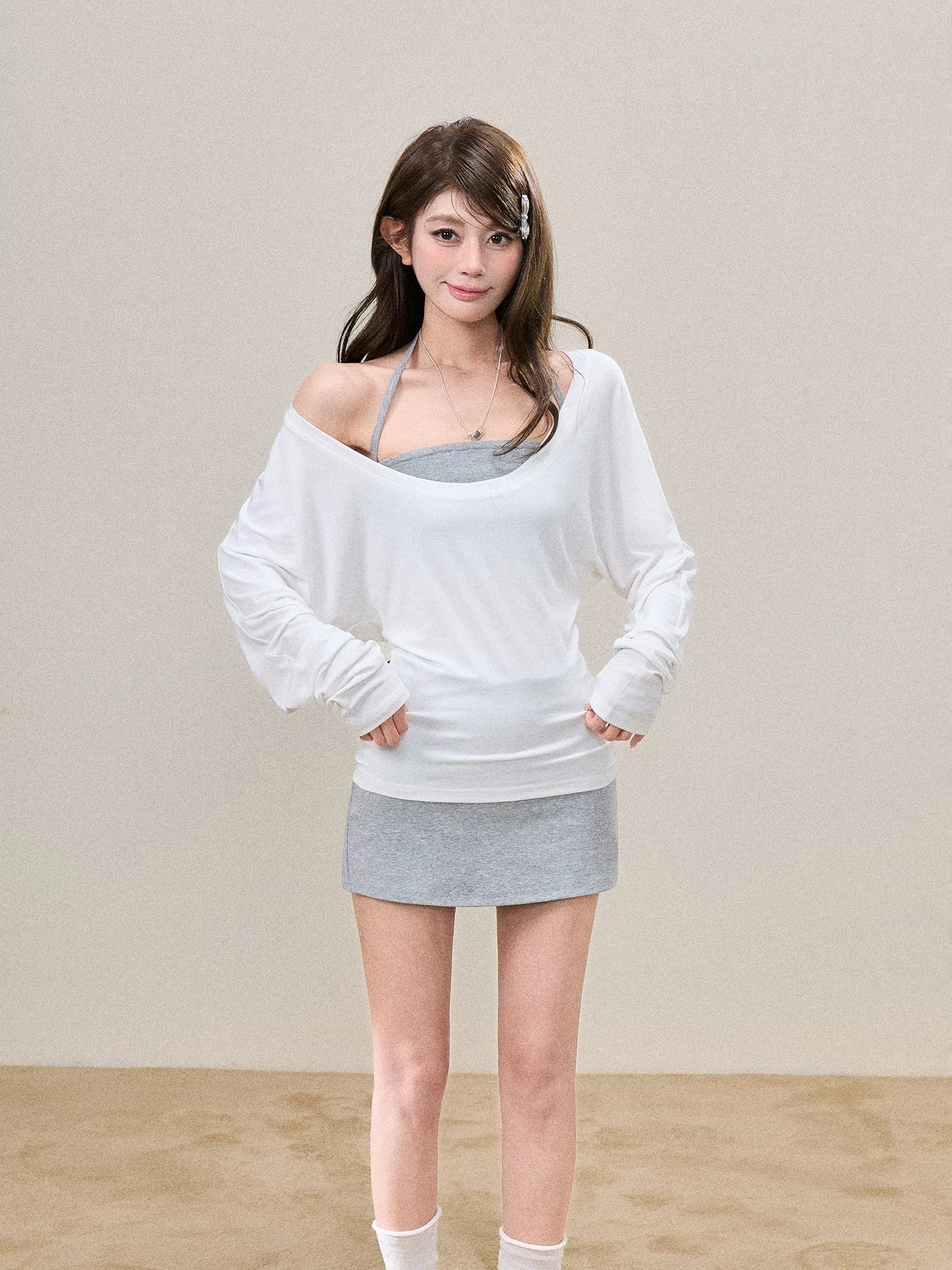 Off-Shoulder Cami-Layered Knit Top Set