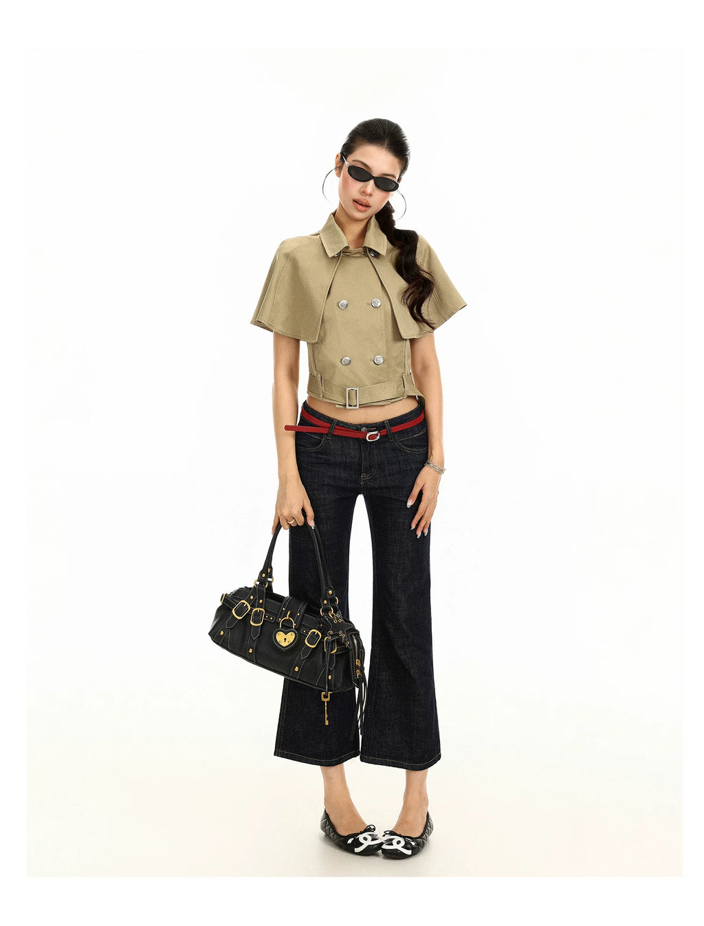 Khaki detachable cape cropped trench jacket, full length