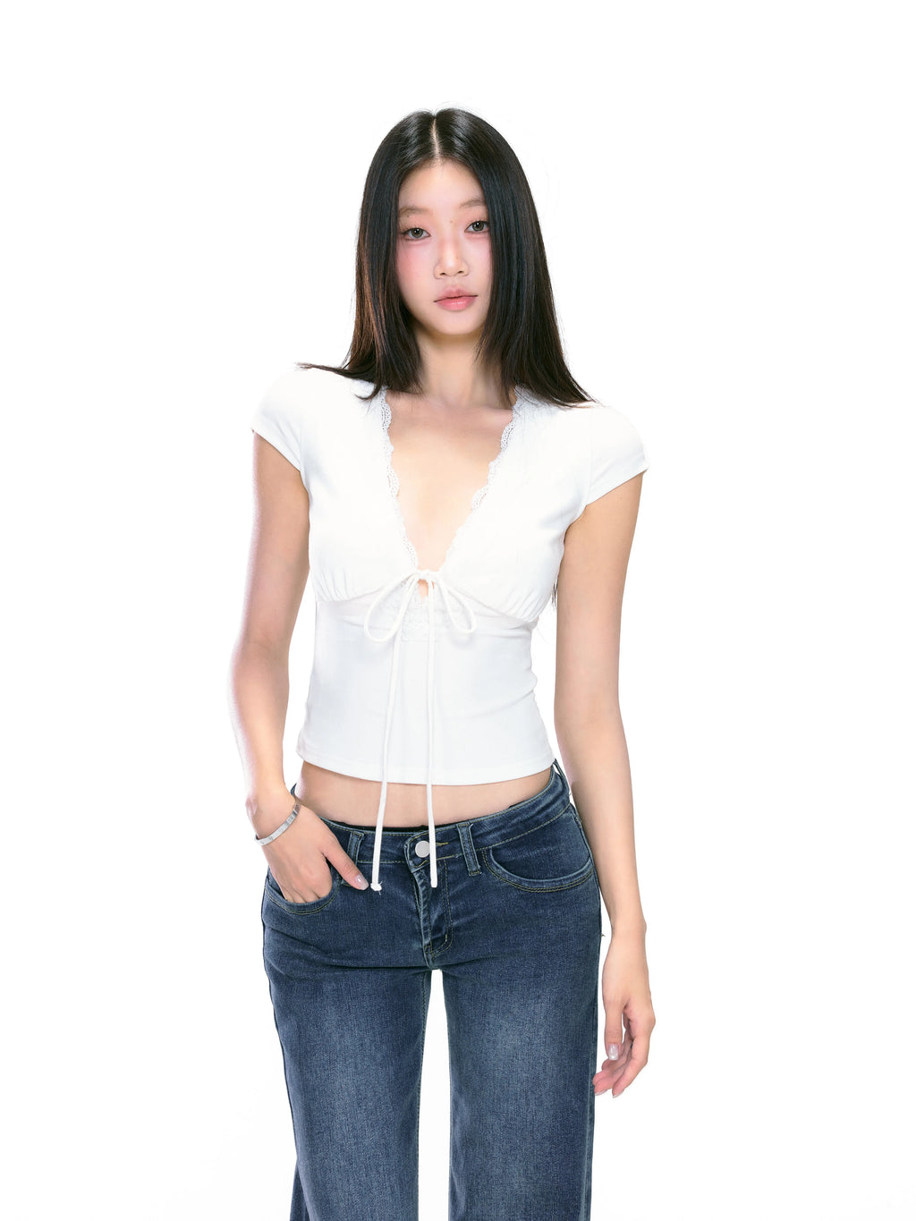 Bow-Front Fitted V-Neck Top