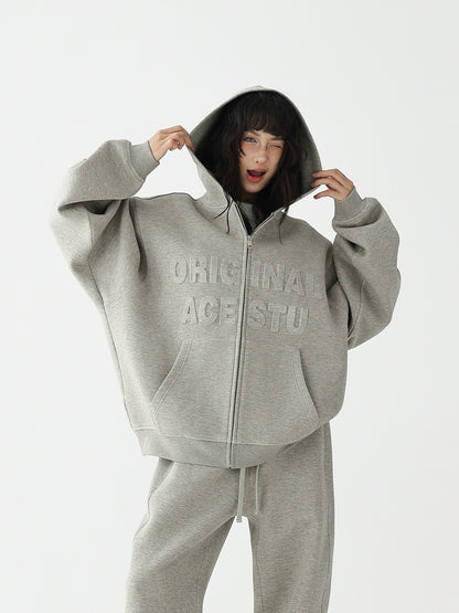 Embossed Set Hooded Zip Cardigan Sweatshirt Jacket + Athleisure Trousers