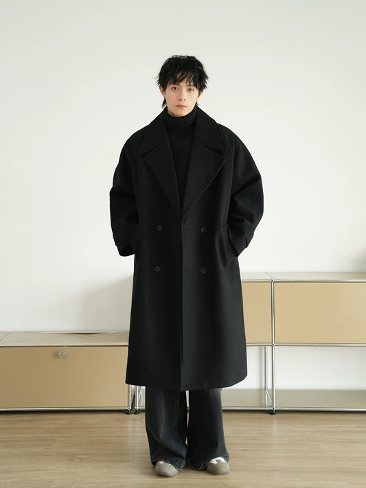 Solid Collar Lapel Woolen Winter Trench Coat