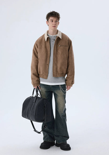 Short Solid Lapel Suede Jacket