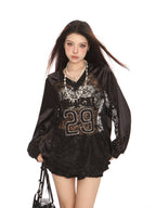 Cutout Lace V-Neck Baseball Sweatshirt