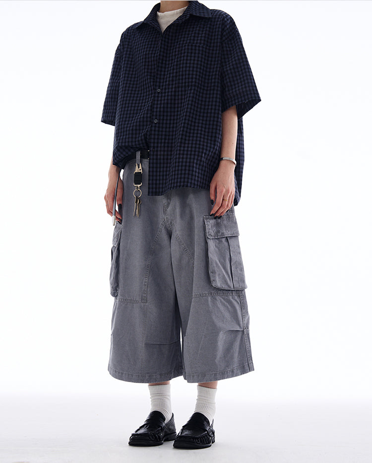 Distressed Cargo Shorts Multi-Pocket Cropped Pants