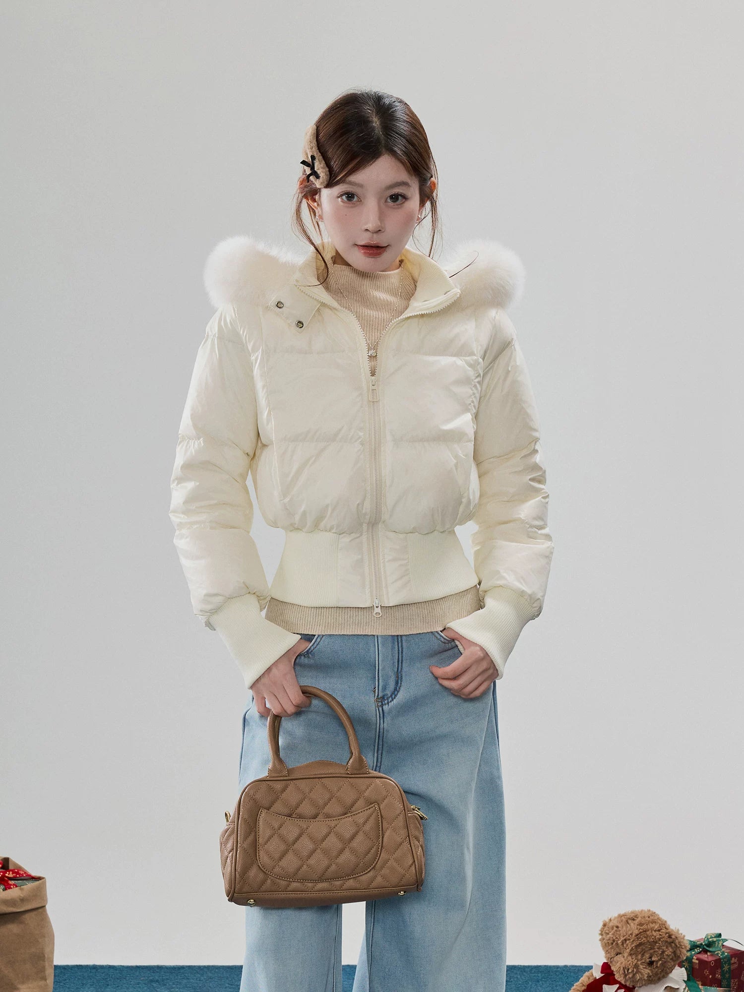 Fur-Trim Hooded Quilted Puffer Jacket