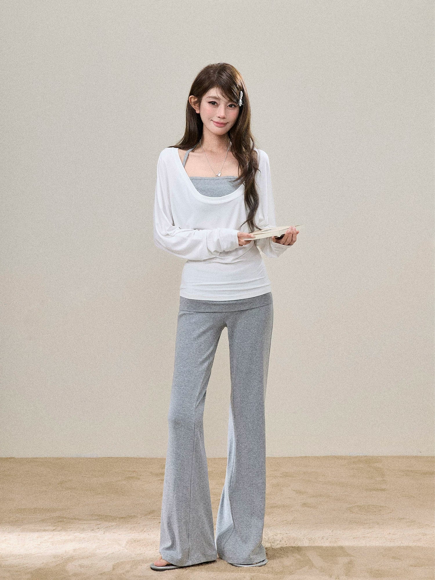 Fold-Over Waist Micro-Flare Knit Pants