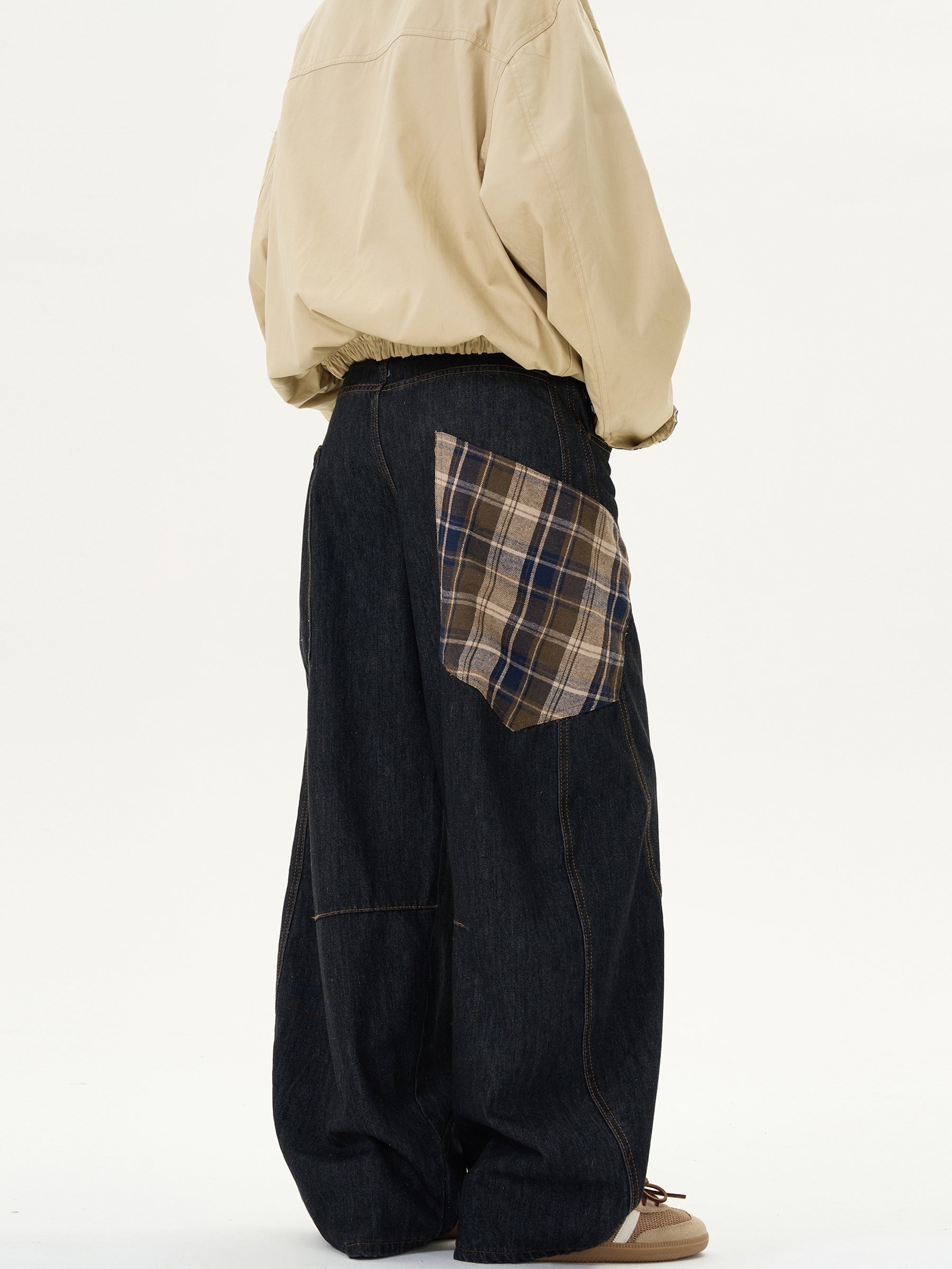 Stitched Plaid Loose Casual Jeans