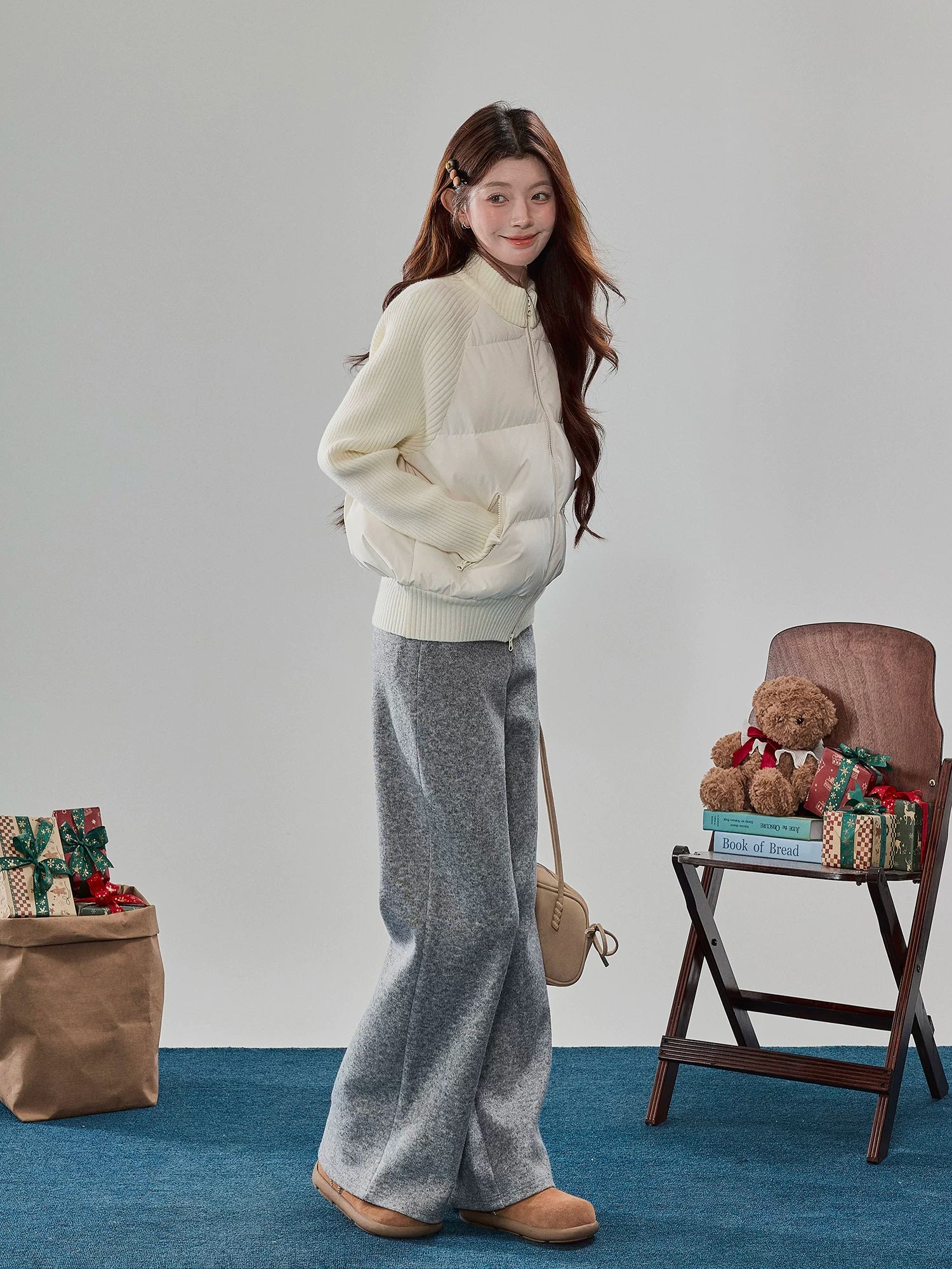 Ribbed Knit-Sleeve Quilted Puffer Jacket