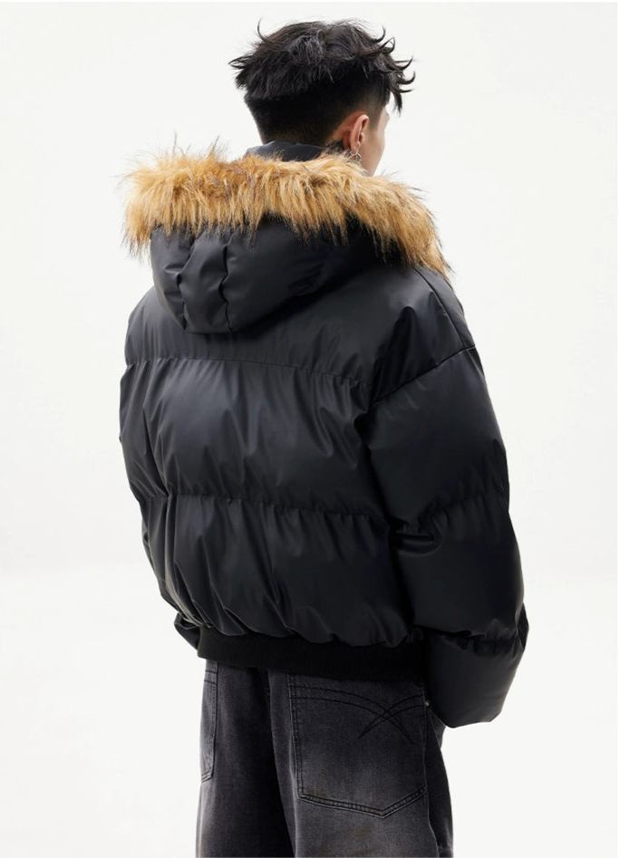 Soft PU Veneer Puffer Jacket Detachable Hood