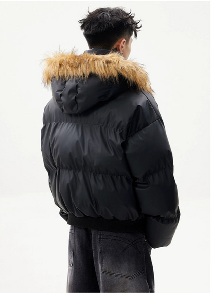 Soft PU Veneer Puffer Jacket Detachable Hood
