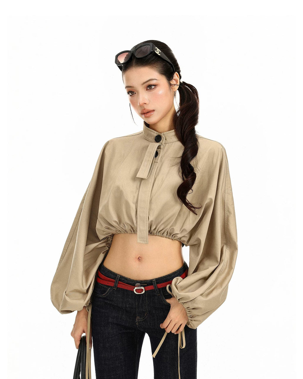 Drawstring Balloon Sleeve Cropped Jacket