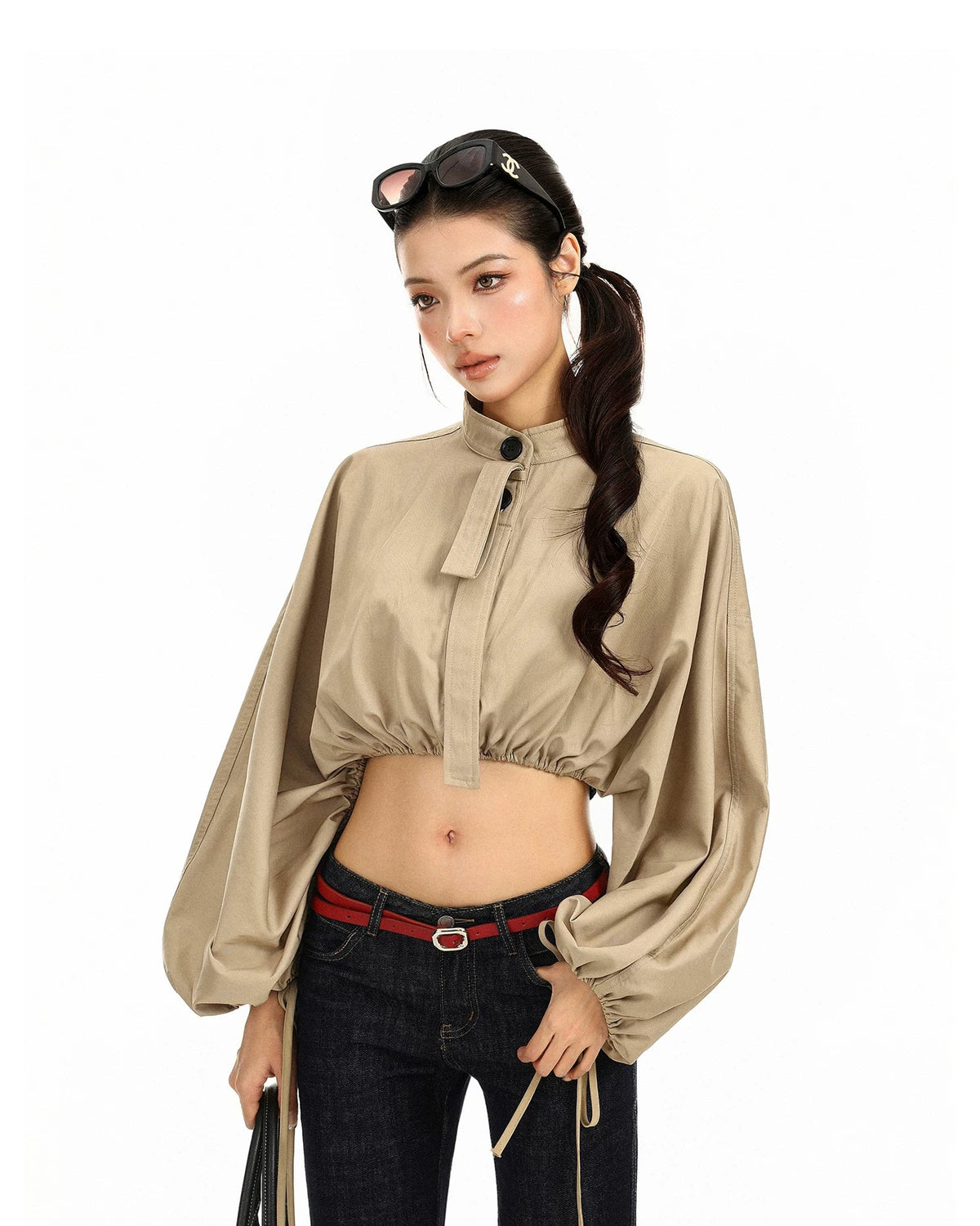 Drawstring Balloon Sleeve Cropped Jacket