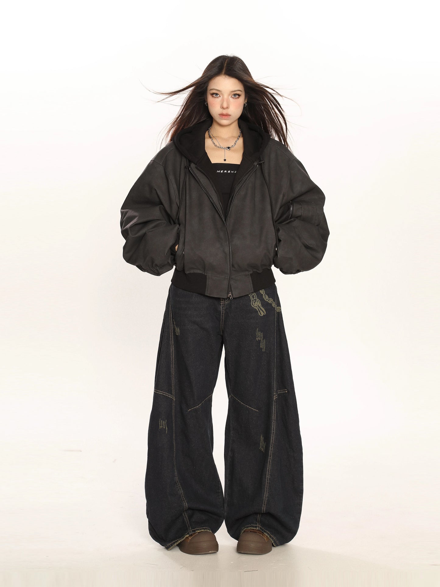 Heavy Double Layer Fake Two Piece Hooded Leather Jacket