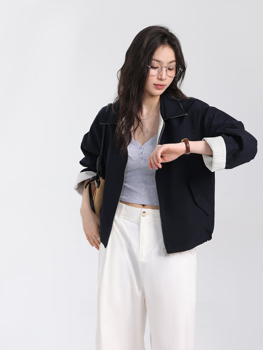 Reversible White Navy Korean Retro Striped Jacket