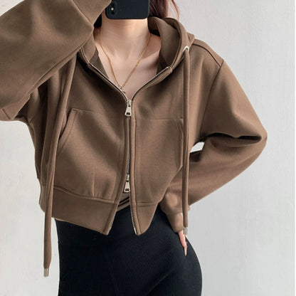 Casual Crop Top Zipper Hooded Jacket