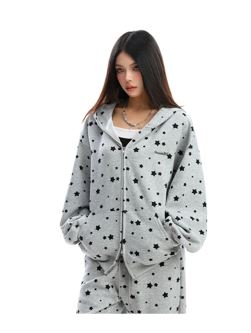 Full Print Star Rabbit Ears Hooded Sweatshirt Set