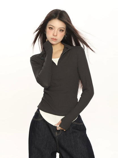 Half-Turtleneck Fake Two Zipper Long Sleeve Top