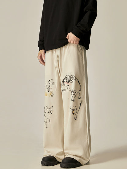 Retro Cat & Dog Sketch Wide-Leg Loose Pants