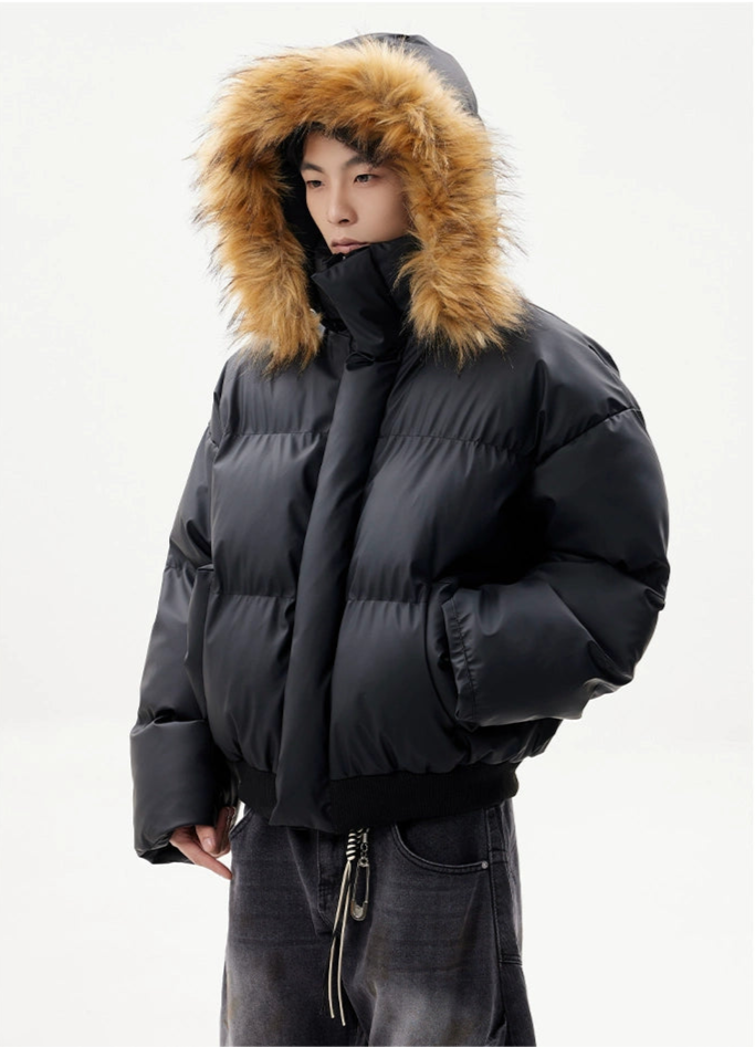 Soft PU Veneer Puffer Jacket Detachable Hood
