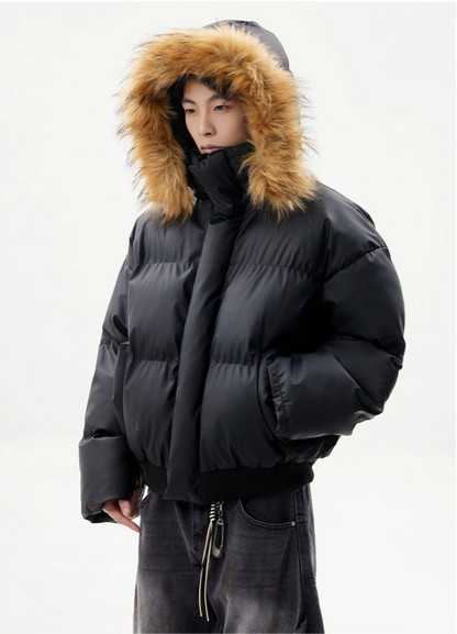 Soft PU Veneer Puffer Jacket Detachable Hood