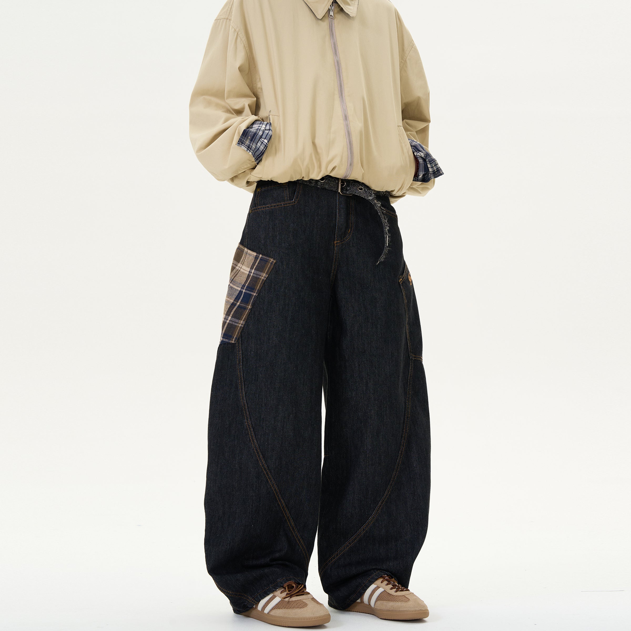 Stitched Plaid Loose Casual Jeans