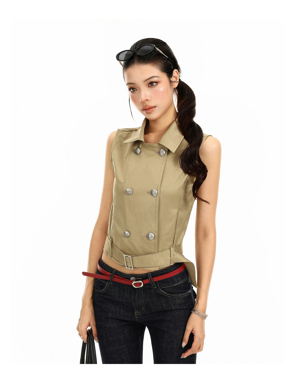Khaki cropped trench jacket with cape removed, sleeveless