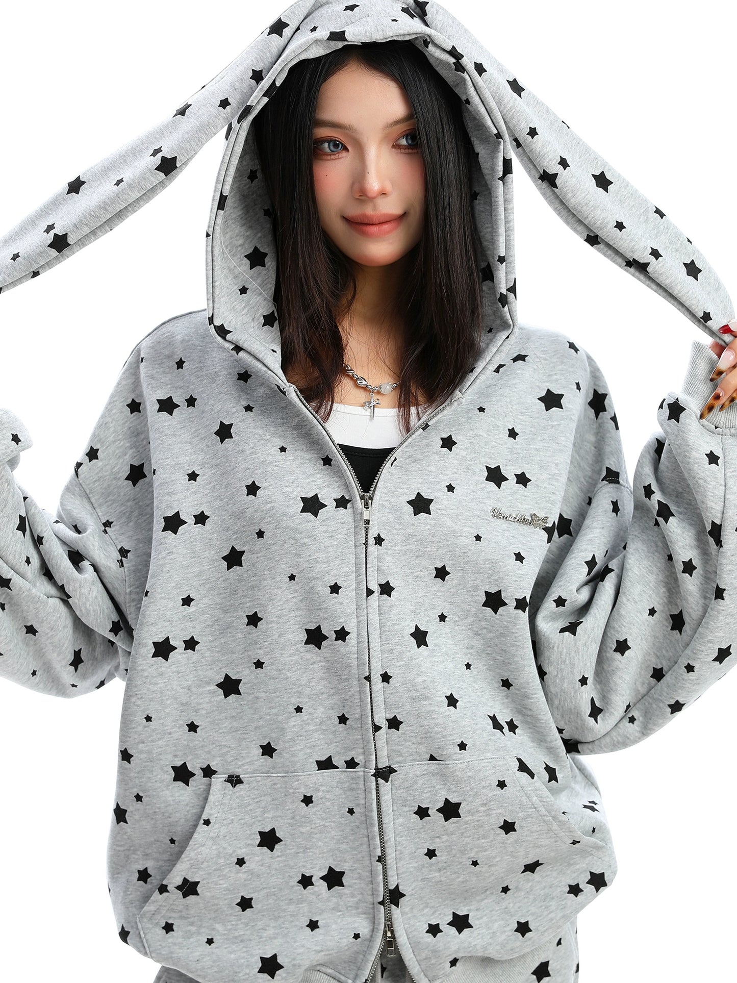 Full Print Star Rabbit Ears Hooded Sweatshirt Set