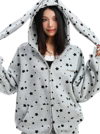 Full Print Star Rabbit Ears Hooded Sweatshirt Set
