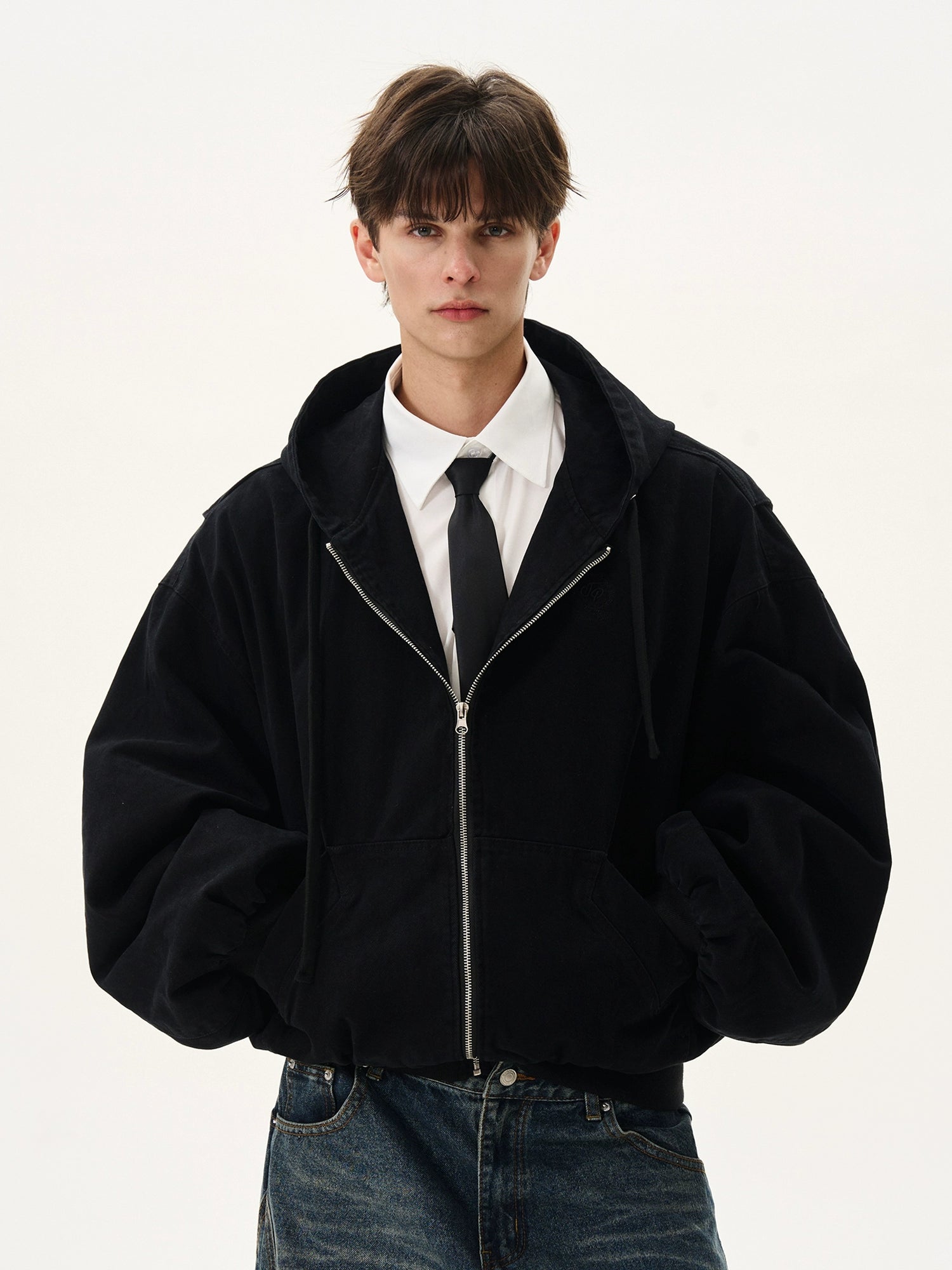Silhouette Short Casual Boxy Washed Zip-Up Hoodie