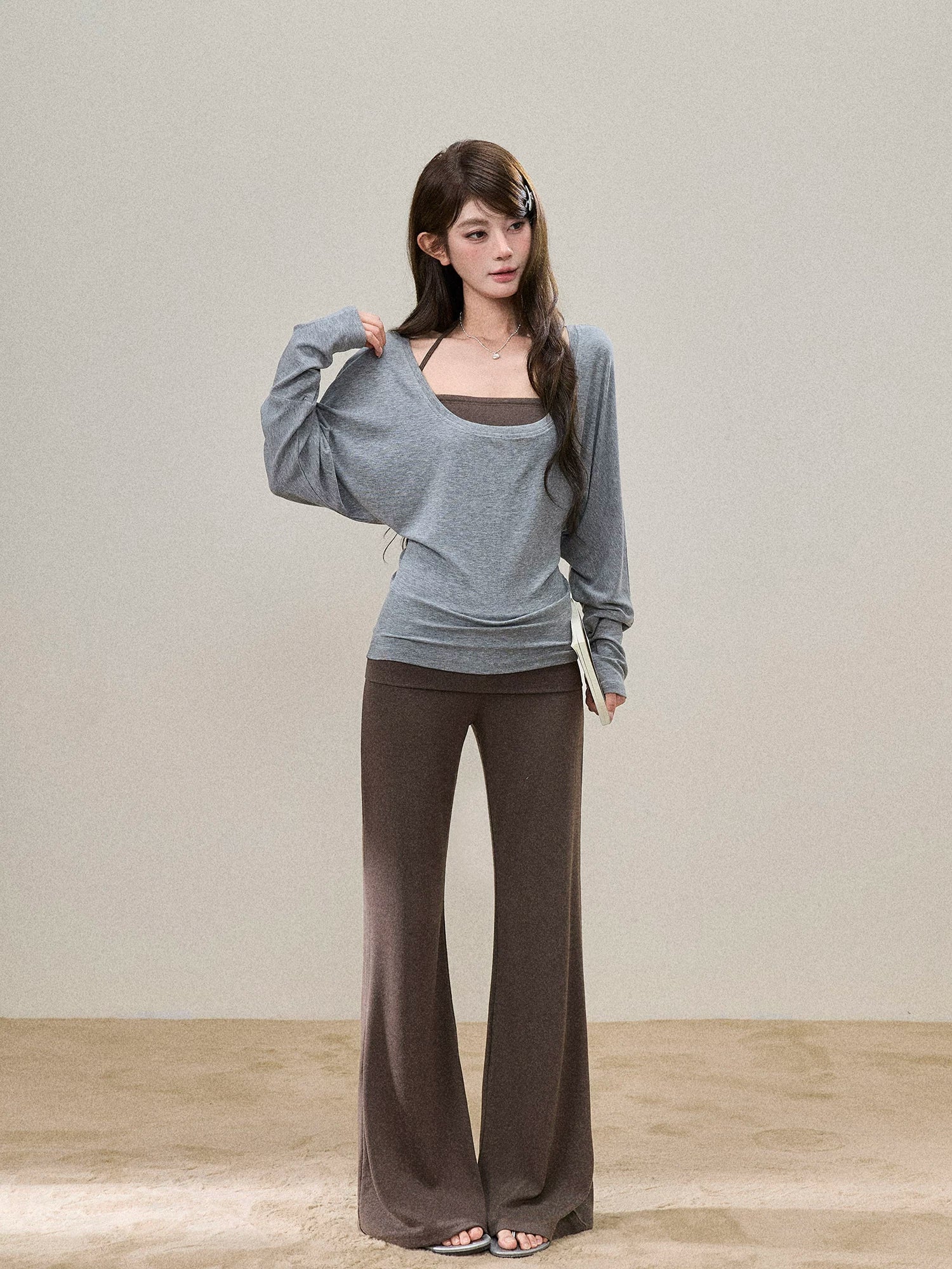 Fold-Over Waist Micro-Flare Knit Pants