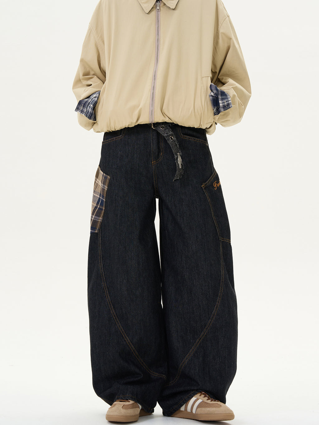 Stitched Plaid Loose Casual Jeans