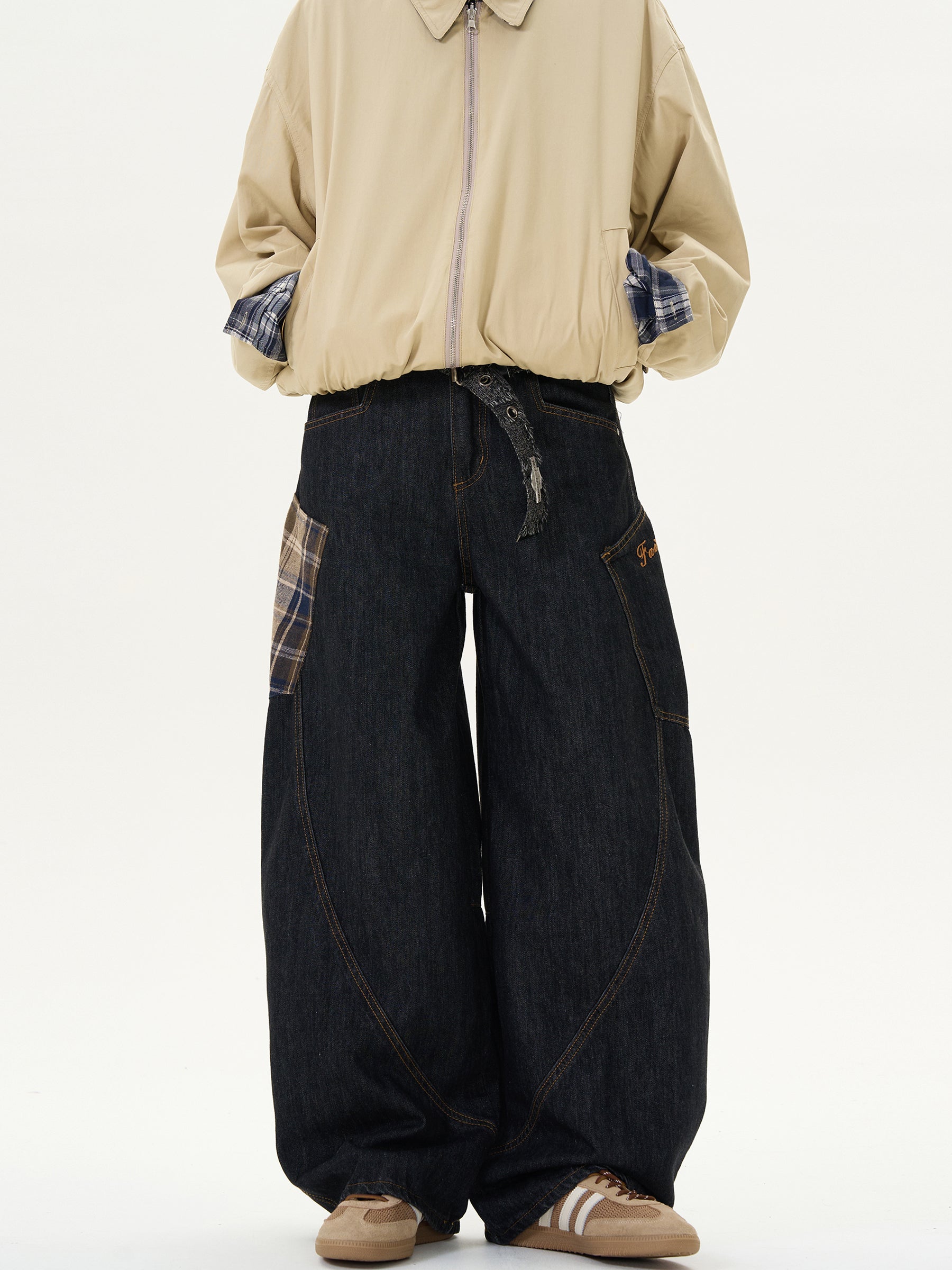 Stitched Plaid Loose Casual Jeans