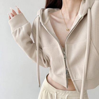 Casual Crop Top Zipper Hooded Jacket