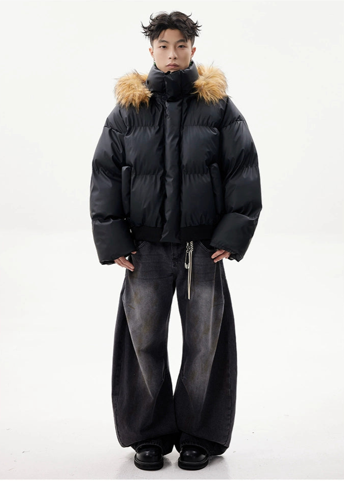 Soft PU Veneer Puffer Jacket Detachable Hood