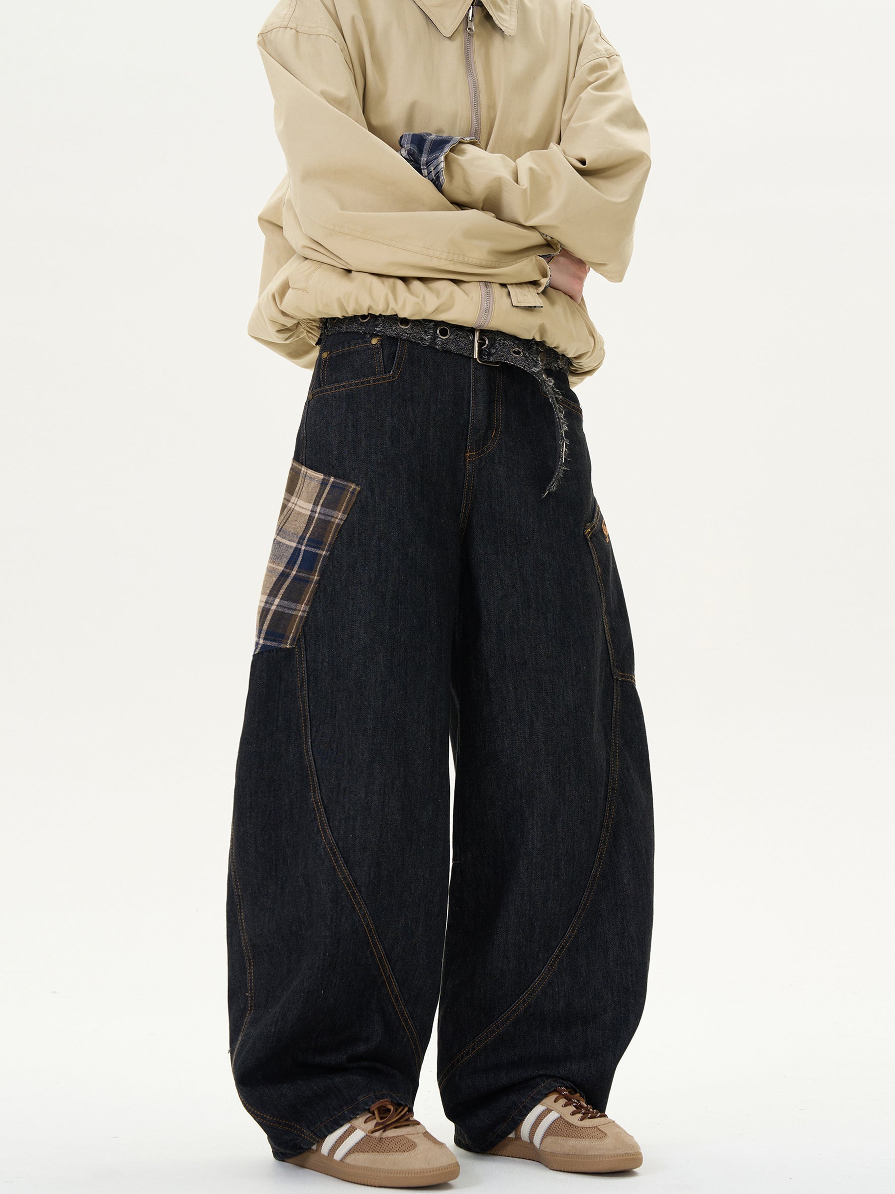 Stitched Plaid Loose Casual Jeans