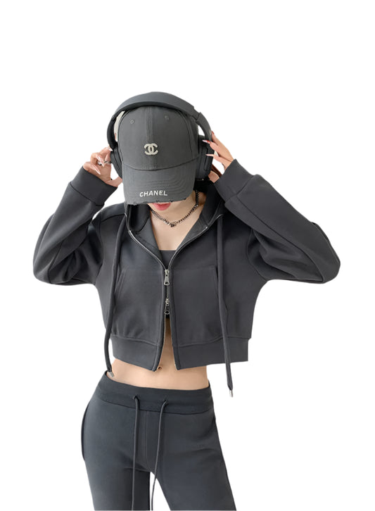 Casual Crop Top Zipper Hooded Jacket