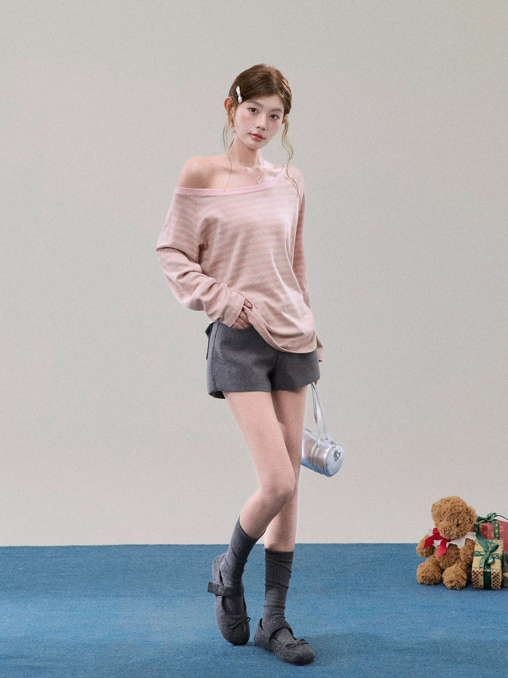 Off-Shoulder Pink Striped Knit Top