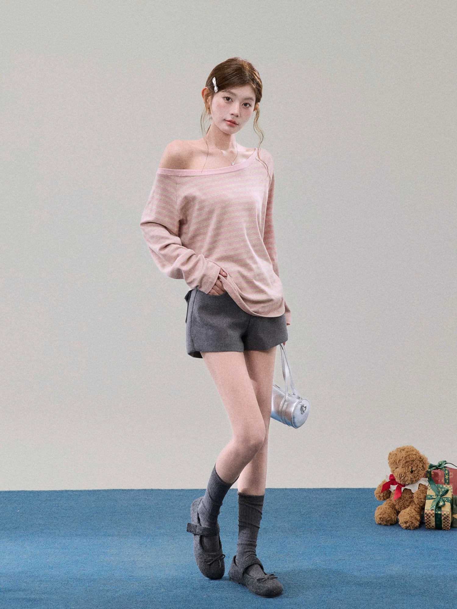 Off-Shoulder Pink Striped Knit Top