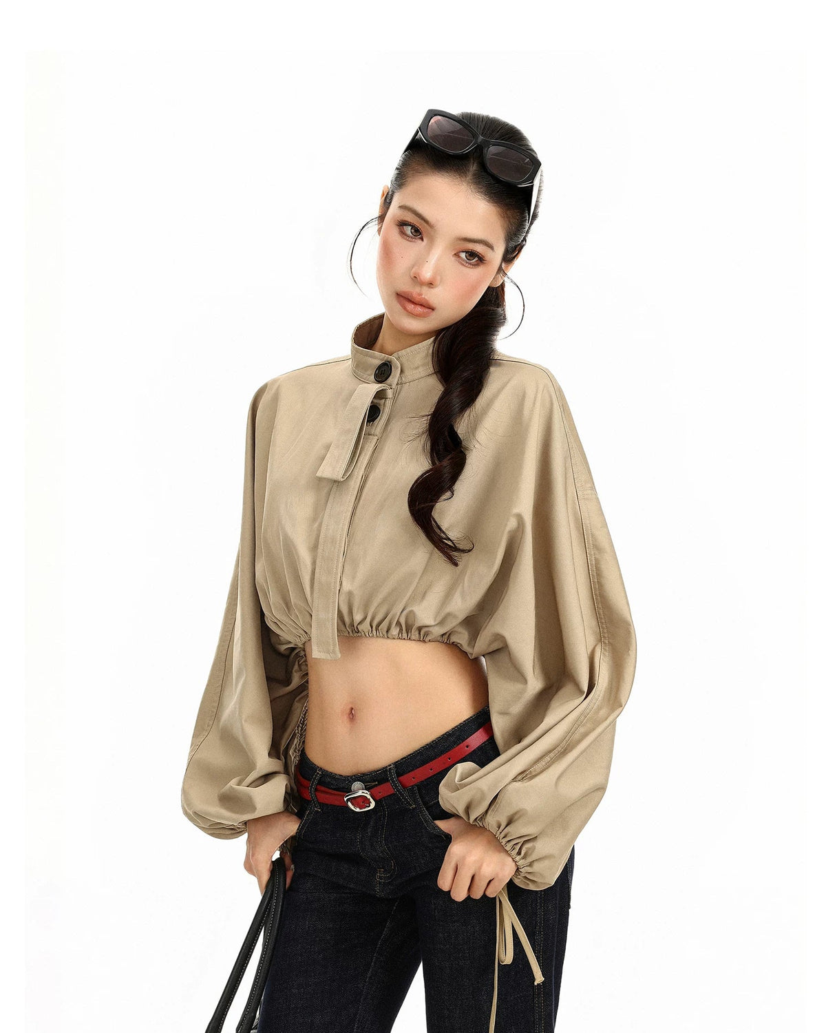 Drawstring Balloon Sleeve Cropped Jacket