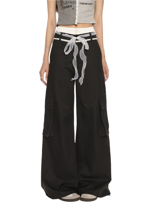 Double Waistband Bow Tie Casual Pants