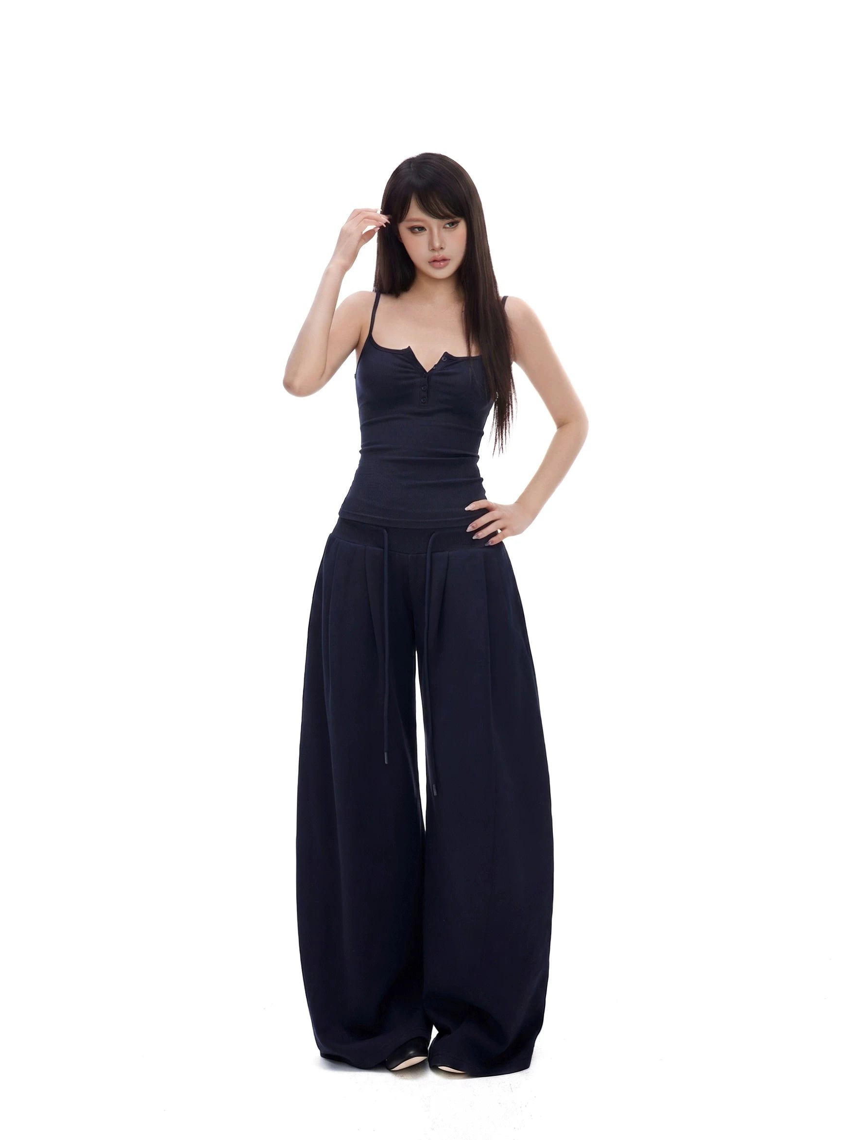 Button-Placket Cami & Drawstring Wide-Leg Pants Set