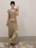 Knitted Slim Tee & High-waisted Pants Set
