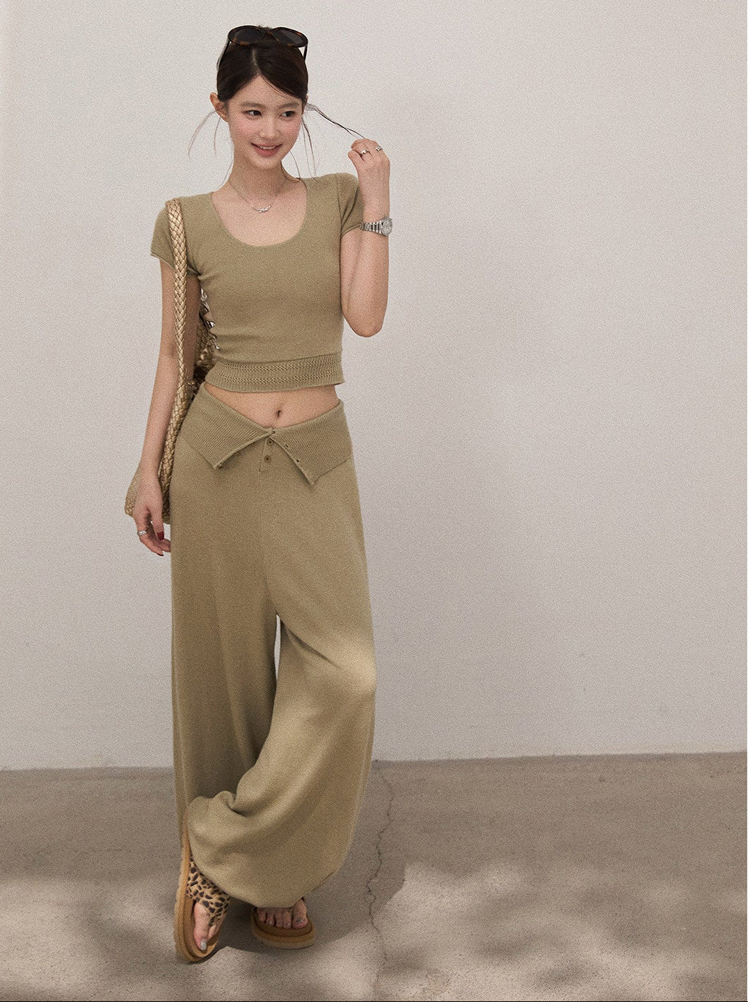 Knitted Slim Tee & High-waisted Pants Set